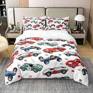 jejeloiu Race Car Duvet Cover 100% Cotton Bedding Set Full Size for Kids