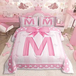 jejeloiu Pink Bow Kids Bedding Set Twin Size Girl Bow Coquette Comforter