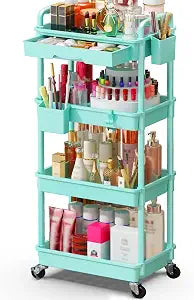 SUNALLY Makeup Cart Organizer with Drawer, 4 Tier Rolling Makeup Cart, Blue
