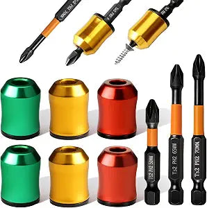 6 Pcs Magnetic Screw Holder Ring with 3 Pcs Ph2 Screwdriver Bit Set, 1/4" Universal Strong Magnetic Ring, Removable Screwdriver Bit Holder Tool for Drill Bits & Hex Screwdrivers