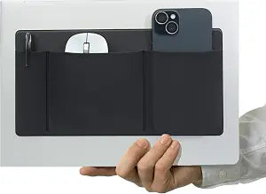 AMOZIFY 3-Pocket Organizer, Mouse Holder for Laptop Stick On, Adhesive Pouch & External Hard Drive Sleeve, SSD Storage Case for MacBook, Reusable (Black)