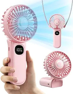 coldSky Handheld Fan, Foldable Portable Fan with LED Display, 3000mAh Battery Operated Mini Hand Held Fan, Handheld/Neck/Desk 3 in 1 Personal Small Fan for Eyelash Makeup Travel Beach Outdoor Pink