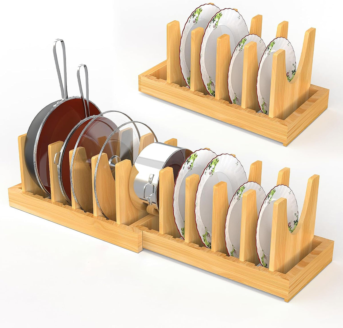 Bamboo Pots and Pans Organizer Under Cabinet, Adjustable Pot Lid Organizer