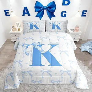jejeloiu Cute Blue Bow Kids Bedding Set Full Size Boys Girls Monogrammed