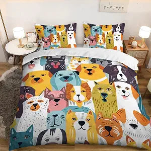 AILONEN Cartoon Puppy Duvet Cover Queen Size, Kawaii Dog Animal Bedding Set for Kids Girls Boys,Various Cute Dog Heads Comforter Cover,1 Quilt Cover 2 Pillowcases,3 PCS