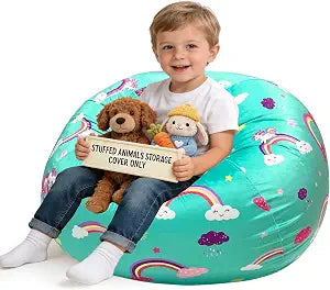 Lukeight Stuffed Animals Storage Bean Bag Chair Cover for Kids and Toddlers, Cozy Velvet Plush Toy Organizer Seat, Cover Only, No Filling Included, Long YKK Zipper, Side Pocket, Large 27 x 16 in