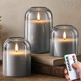 Midcentury Modern Decor, Grey Glass Flameless LED Pillar Candles