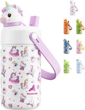 POWCAN 12 oz Kids Water Bottle for School: 2-in-1 Straw Spout Lid with Soft Animal Head, Leakproof, Keep Cold 24H, Backpack Friendly, BPA-Free, Stainless Steel Cup for Sports, Gift (Unicorn Starland)