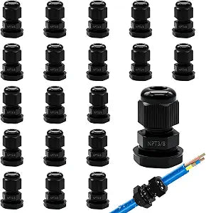 20 PCS Nylon Cable Glands 3/8" NPT,Waterproof Adjustable Diameter 3-8mm Cable Connectors,Plastic Cable Gland Joints with Gaskets 3/8 NPT-BK