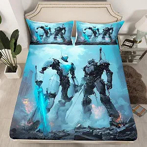 3D Robots Soldier Fitted Sheet Twin Size,Modern Military War Theme Bedding Set 2Pcs,Foggy Flame Light Up Sword Bed Sheet for Kids Boys Teens Room Decor,Blue Grey Deep Pocket Sheet,1 Pillowcase