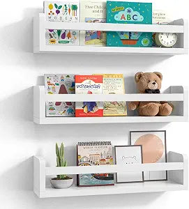 Floating Wall Nursery Book Shelves, White, 16.5 Inch, Set of 3