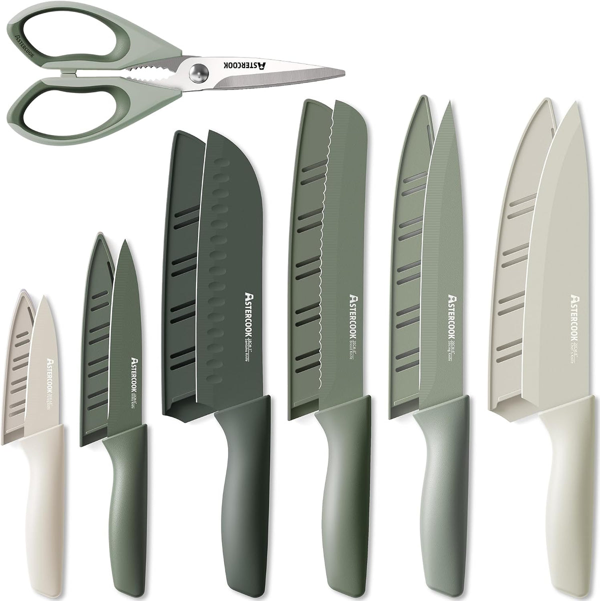 Astercook Knife Set, 13 Pieces Kitchen Knives Set with Healthy Anti-Rust Coating, Dishwasher Safe, Stainless Steel Chef Knife Sets with 6 Blade Guards, Perfect Holiday Gifts for Kitchen Green
