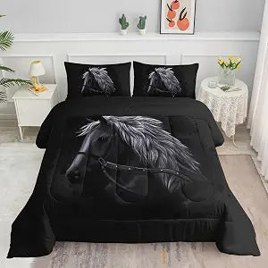 Datura home Bedding Comforter Set Black Horse Dark Horse Printed Pattern Quilt Bedding Set with 1 Comforter and 2 Pillowcases for Girls and Boys Bedroom All Season(Black Horse Twin)