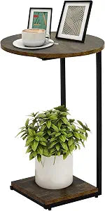 HDANI C Table End Table,Round Side Table that Slide Under,C Shaped End Table for Couch,Small Table for Living Room, Bedroom,Rustic Brown