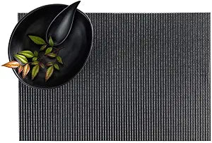 Restaurantware 16 Inch x 12 Inch Vinyl Placemats 6 Heat Resistant Modern Placemats - Stain Resistant Washable Black And Silver Pinstripe Vinyl Dining Table Mats Woven For Parties and Celebrations