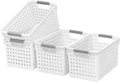 Soddeph 4 Pack Plastic Storage Basket with Handles, Small Deep Organizer Bin with Hollow Design for Under Counter, Shelf, Closet, Kitchen or Bathroom (White, Small)