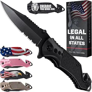 GOOD WORKER Legal Pocket Knife with 2.95 Serrated Blade, Glass Breaker, Seat Belt Cutter - EDC Sharp Folding Knives with Portable Clip - Small Tool for Tactical Camping Survival Hiking - Gifts for Men, Women