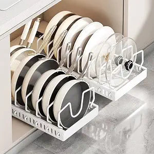 2 Pack Pull Out Pots and Pans Organizer for Cabinet & Countertop, Kitchen Cabinet Organizer with 8 Adjustable Dividers, Storage for Pot Lid, Dishes, Bakeware, White