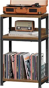 Simple Trending Record Player Stand, 3 Tier End Table Hold Up to 100 Albums, Turntable Stand for Vinyl, Record Shelf for Living Room Bedroom, Rustic Brown