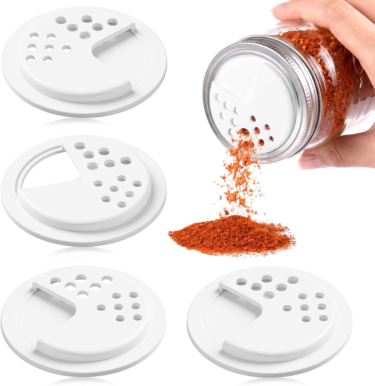 4 Pack Shaker Lids Compatible with Mason Jar, Adjustable Spice Shaker Lids for Regular Mouth Mason Jars, Plastic Seasoning Shaker & Pour Tops with Sprinkle Holes for Herbs, Salt, Pepper & Spices