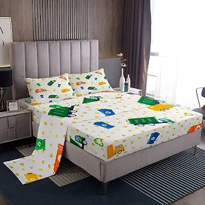 Garbage Truck Sheet Set,Kids Cartoon Trash Truck Bed Sheets Set,Green Yellow Vehicle Car Bedding Set for Boys Teens Sheets Soft Room Decor Twin Size(1 Flat Sheet+1 Fitted Sheet+1 Pillowcase)