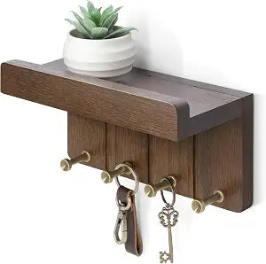 Rebee Vision Small Key Holder Wall Mount with 4 Hooks for Entryway, Brown