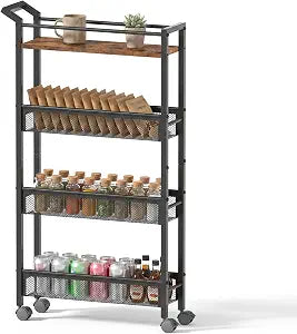 4 Tier Slim Rolling Storage Cart, 5.1 Inch Wide Narrow Storage Cart with Handle, Iron Wood Utility Slide Out Pantry Shelf Organizer for Laundry Room, Bathroom, Kitchen, Small Spaces, Black