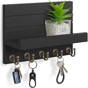 HONJIN Key Holder Wall Mount with Shelf and 5 Sturdy Key Hooks (Black)