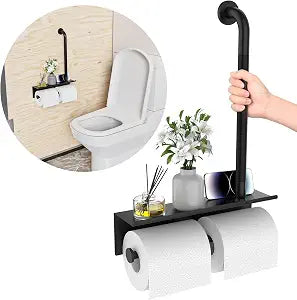 Bathroom Grab Bar with Shower Shelves,Munzong Black Toilet Paper Holder 3 in 1 Bathroom Organizers and Storage, Anti Slip Stainless Steel Safety Hand Rail for Handicap Elderly Senior Assist
