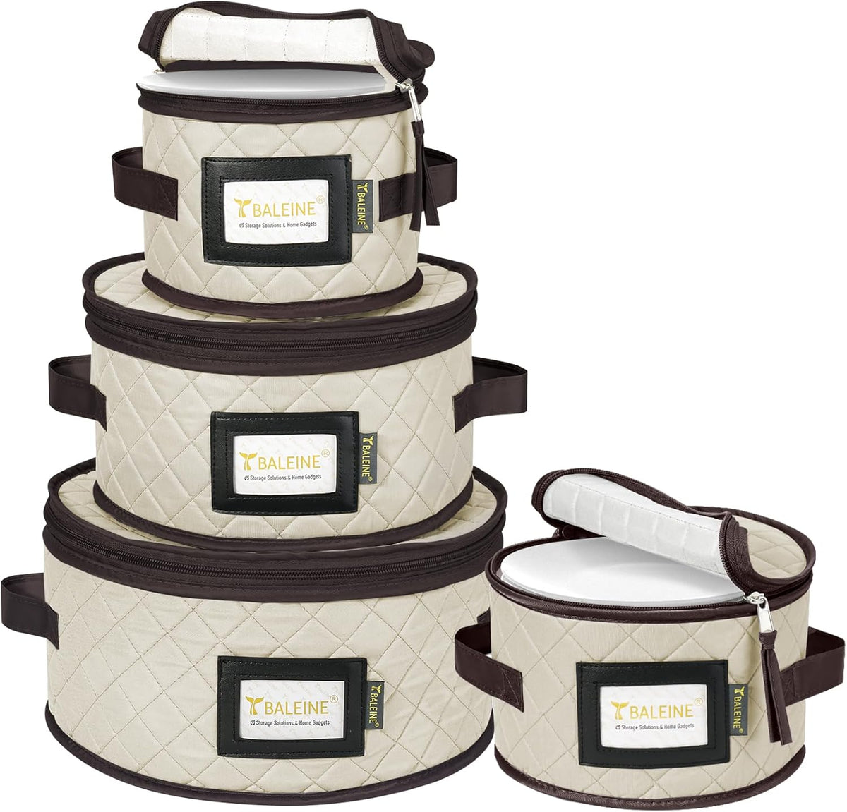 BALEINE China Storage Containers, Sturdy Quilted Wine Glass Storage, Plate Organizer with Carry Handles, Moving Boxes for Dishes, Cups, Mugs and Stemware (Plate Set, Soft Shell Cream)