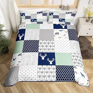 Bear Deer Antler Duvet Cover Set Full Size,Wild Animals Hunting Comforter Cover with 2 Pillowcases,Trees Arrow Hexagon Plaid Geometric Breathable Bedspread for Boys Teens Present, Soft