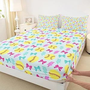 Softball Boys Girls Bed Sheets,Ball Flash Sport Games Room Decor,Cartoon Bowknot Bow Tie Kids Twin Size Fitted Sheet,Yellow Bedding Set,1 Pillowcase(No Flat)