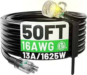 POWGRN 50 FT 16 Gauge Black Indoor/Outdoor Extension Cord Waterproof