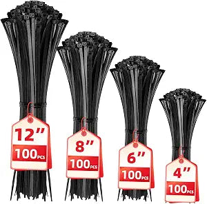 Cable Zip Ties,400 Pack Black Assorted Sizes 12+8+6+4 Inch,Multi-Purpose Self-Locking Nylon Cable Cord Management,Plastic Wire Ties for Home,Office,Garden,Workshop. By HAVE ME TD
