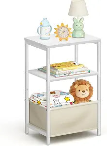 MISSLO Toddler Nightstand with Storage Basket Kids Night Stand with Large Tabletop Nursery Side Table for Living Room Easy Assembly Small End Tables for Small Spaces Toddler Bedroom Decor, White