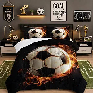 Soccer Print Comforter 3Pcs Twin Gaming Sport Flame Soccer Bedding Set for Kid Teen Girl Boy Adult Room Decor Ball Sports Games White Black Football Quilt with 1 Comforter and 2 Pillowcases