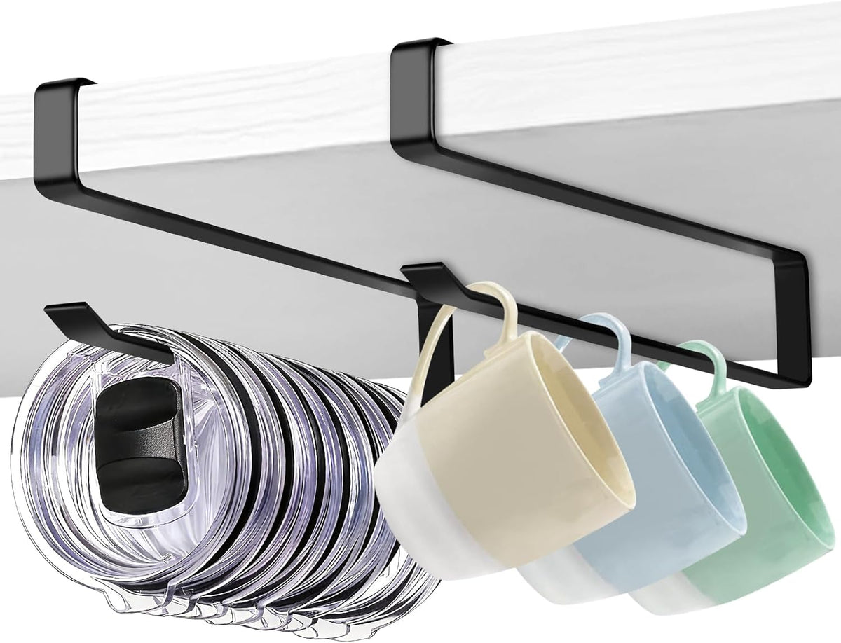 Coffee Mug Holder, 2 Pack Tumbler Lid Organizer for Yeti Lids Holder, Mug Hanger Under Cabinets,Space Saving Cup/Mug Rack Holds Up to 12 Lids,Water Bottle Lid Organizer for Kitchen Storage