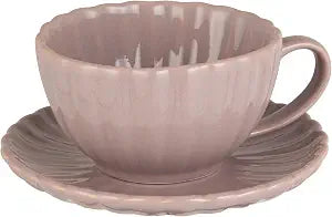 Creative Co-Op 10-Ounce Stoneware Ribbed Mug with Saucer in Reactive Glaze, Lavender Color