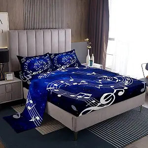 Homewish Music Note Swirl Sheet Set Kids Boys Girls Blue Starry Sky Fitted Sheets Set Full Size Music Stave Bedding Sheet Sets Includes 1 Flat Sheet,1 Fitted Sheet,2 Pillowcases