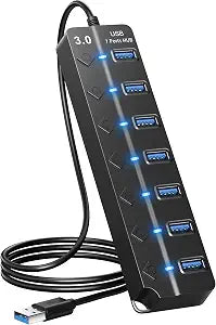 USB Hub 7 Port, USB Splitter with Individual On/Off Switches and Lights.