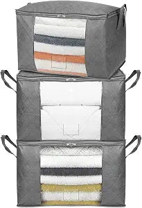 Amazon Basics Foldable Large Clothes Storage Bags with Clear Window & Carrying Handles, Closet Organizers, Zipper, 3-Pack, Gray