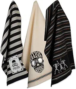 DII Happy Halloween Dishtowel Collection Embellished Cotton Kitchen Hand Towel Set, 18x28, Skeleton, 3 Count