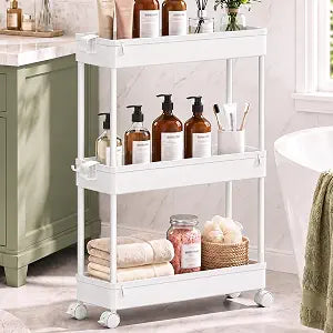 SPACEKEEPER Slim Rolling Storage Cart, 3 Tier Bathroom Cart Organizer,White