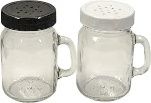 North Mountain Supply 4 Ounce Glass Mini Mug Mason Jars with Handles - Salt and Pepper Shaker Set - 12 Holed Dispensing Lid