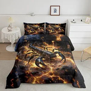 Castle Fairy 3D Scorpion Bedding Sets,Abstract Yellow Lightning Dark Clouds Comforter Set for Kids Teens Adults,Natural Wild Animal Print Down Comforter with 2 Pillowcases Queen Size 3 Pcs
