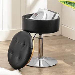 LUE BONA 360Swivel Vanity Stool Chair for Makeup Room, Height Adjustable Stool for Vanity with Storage, Small Black Faux Leather for Bathroom, Living Room