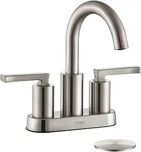 Brushed Nickel Bathroom Faucets 4 inch Centerset for 3 Holes Sink with Pop-Up Drain, Modern Two Handle 4 inch Center Lavatory/Bath/Vanity Faucet with Brass High-Arc 360 Swivel Spout