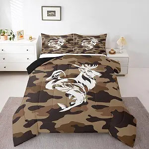 Feelyou Camo Deer Duck Fish Hunting Comforter Sets Twin Size for Boys Kids Teens,Rustic Farmhouse Bedding Sets Brown Camouflage Duvet Quilt Wildlife, with 1 Comforter 1 Pillowcase