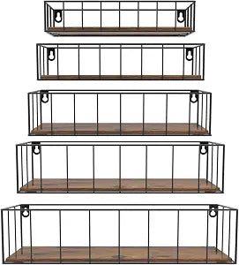 CRUGLA Floating Shelves Wall Mounted Set of 5, Hanging Storage Wall Shelf with Rail for Bathroom, Bedroom, Living Room, Kitchen