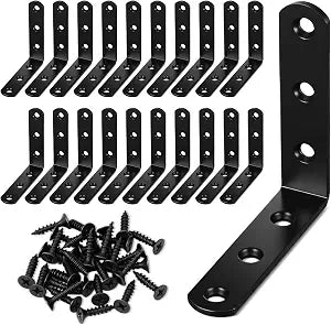20 PCS Black L Brackets 3.1"x 3.1", Heavy Duty Corner Braces Right Angle Brackets 80 X 80 MM for Wood Chair Bookshelf Cabinets Furniture, Included 120 Screws